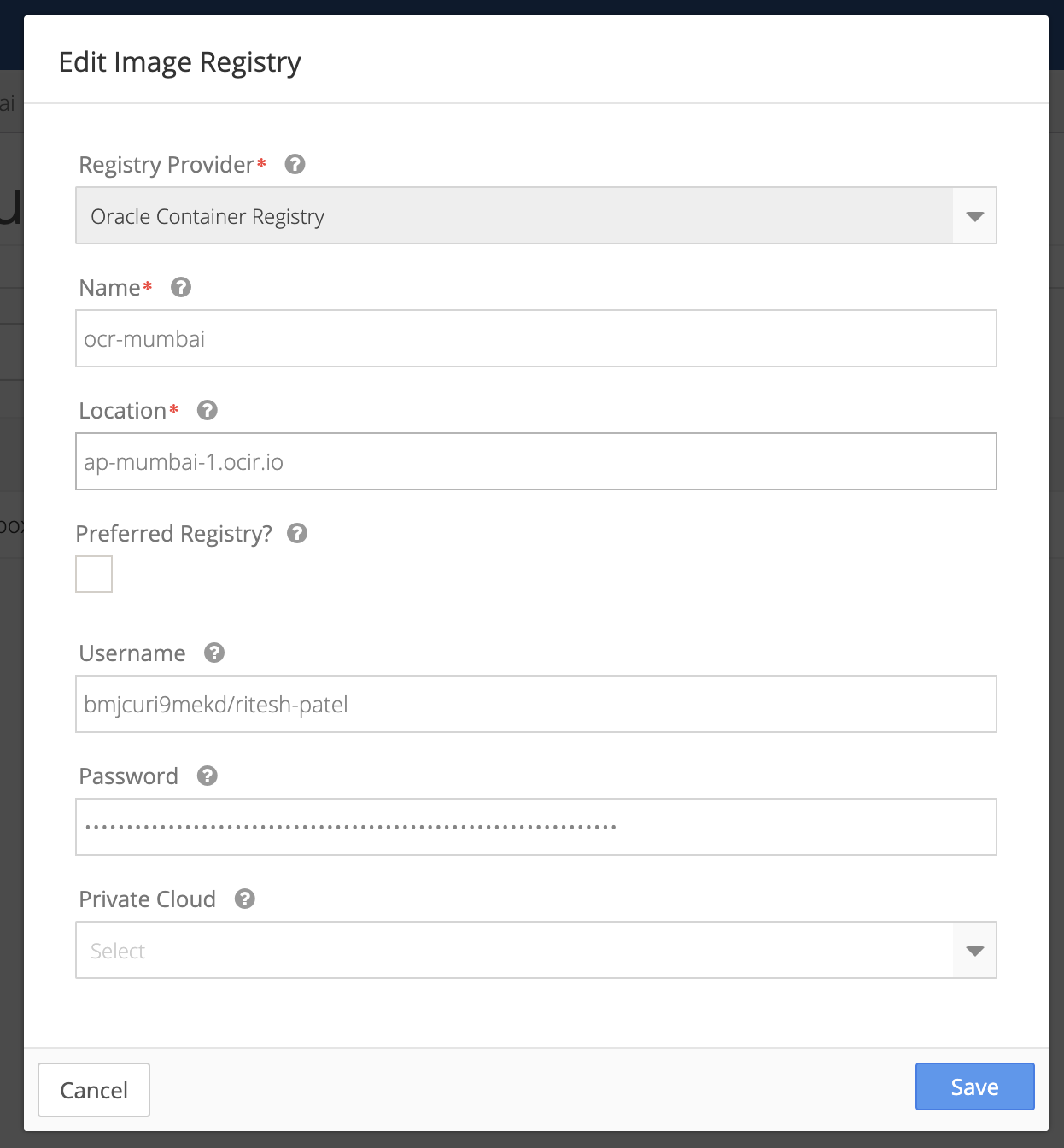Screenshot that shows the Edit Image Registry dialog box with the Oracle registry selected.