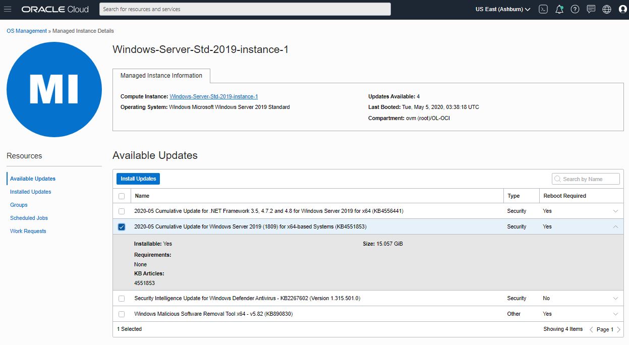 A screenshot that shows the available updates for an instance in the OS Management Managed Instance Details page.