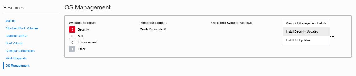 A screenshot that shows the OS Management dashboard for an instance. Three security updates and one other update is available.
