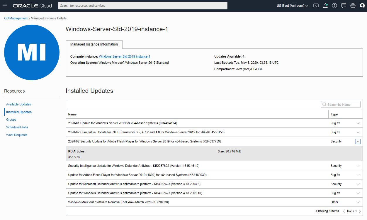A screenshot that shows installed updates for an instance in the OS Management Managed Instance Details page.