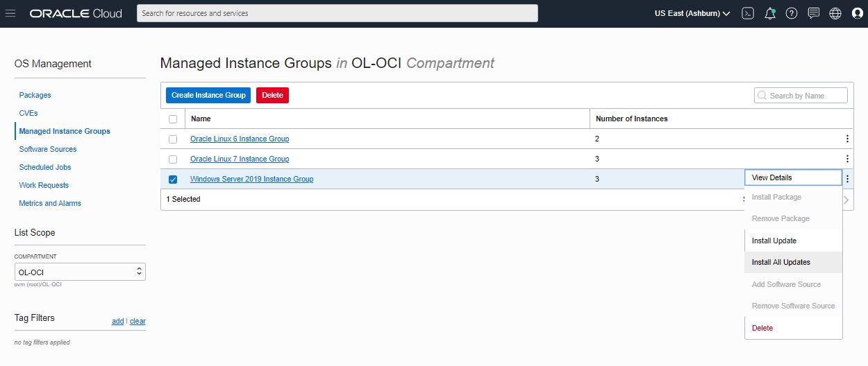 A screenshot that shows a list of managed instance groups on  the OS Management page.