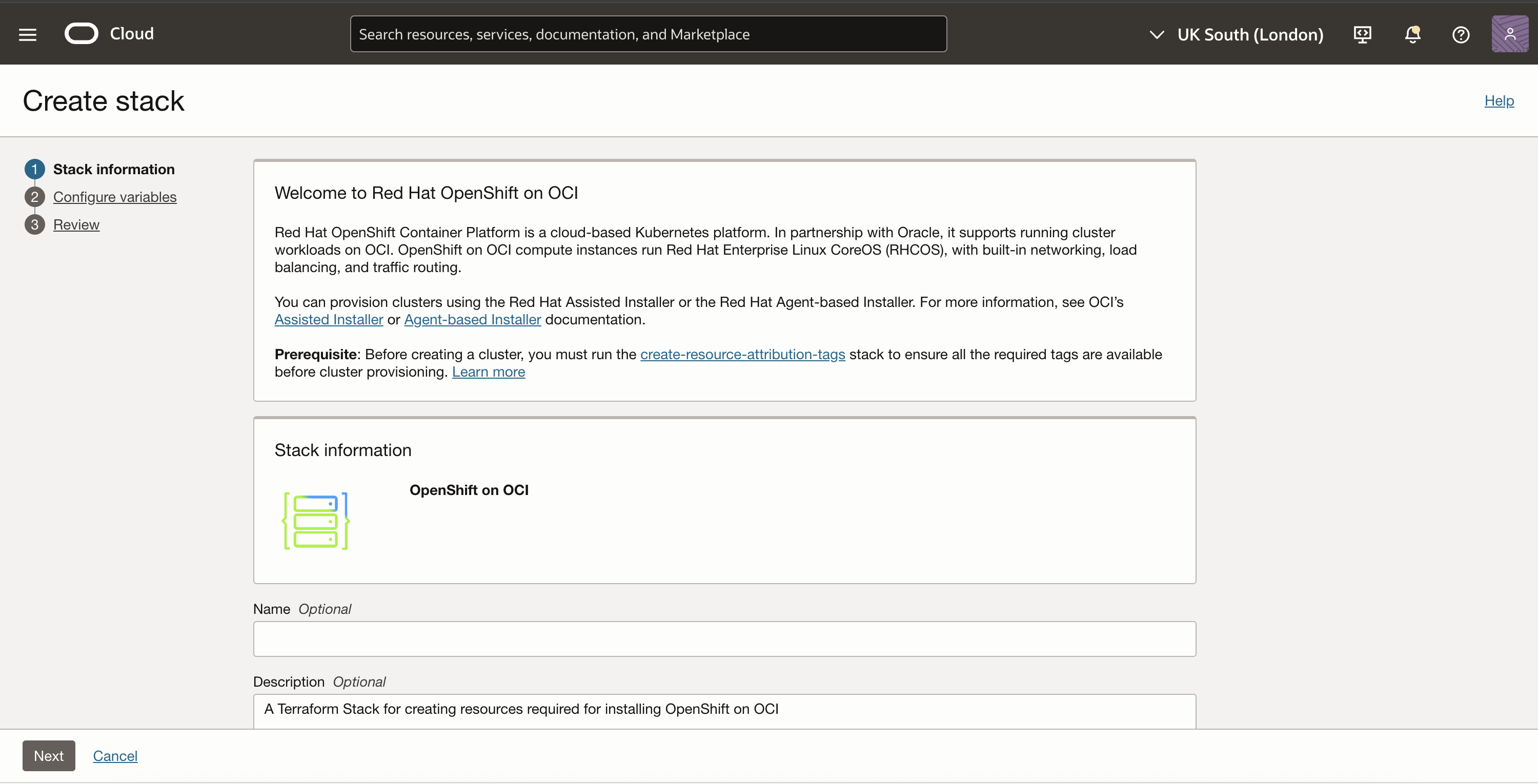 Create stack page shown with a welcome note on OpenShift on OCI
