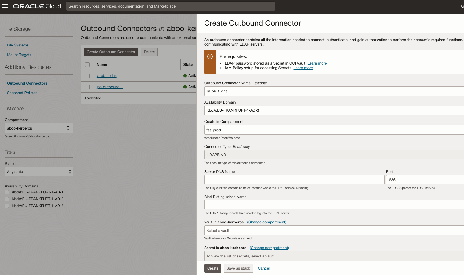 A screenshot of the Create Outbound Connector window in the Oracle Cloud Console with the fields filled in.
