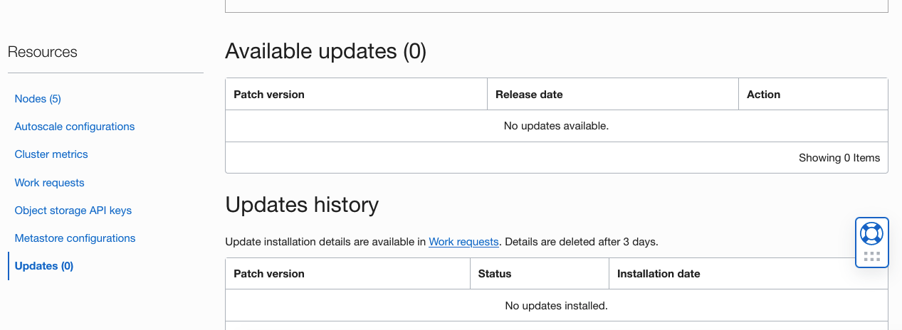 A screenshot of the Big Data service page in the Console showing the Updates tab in the Resources menu.