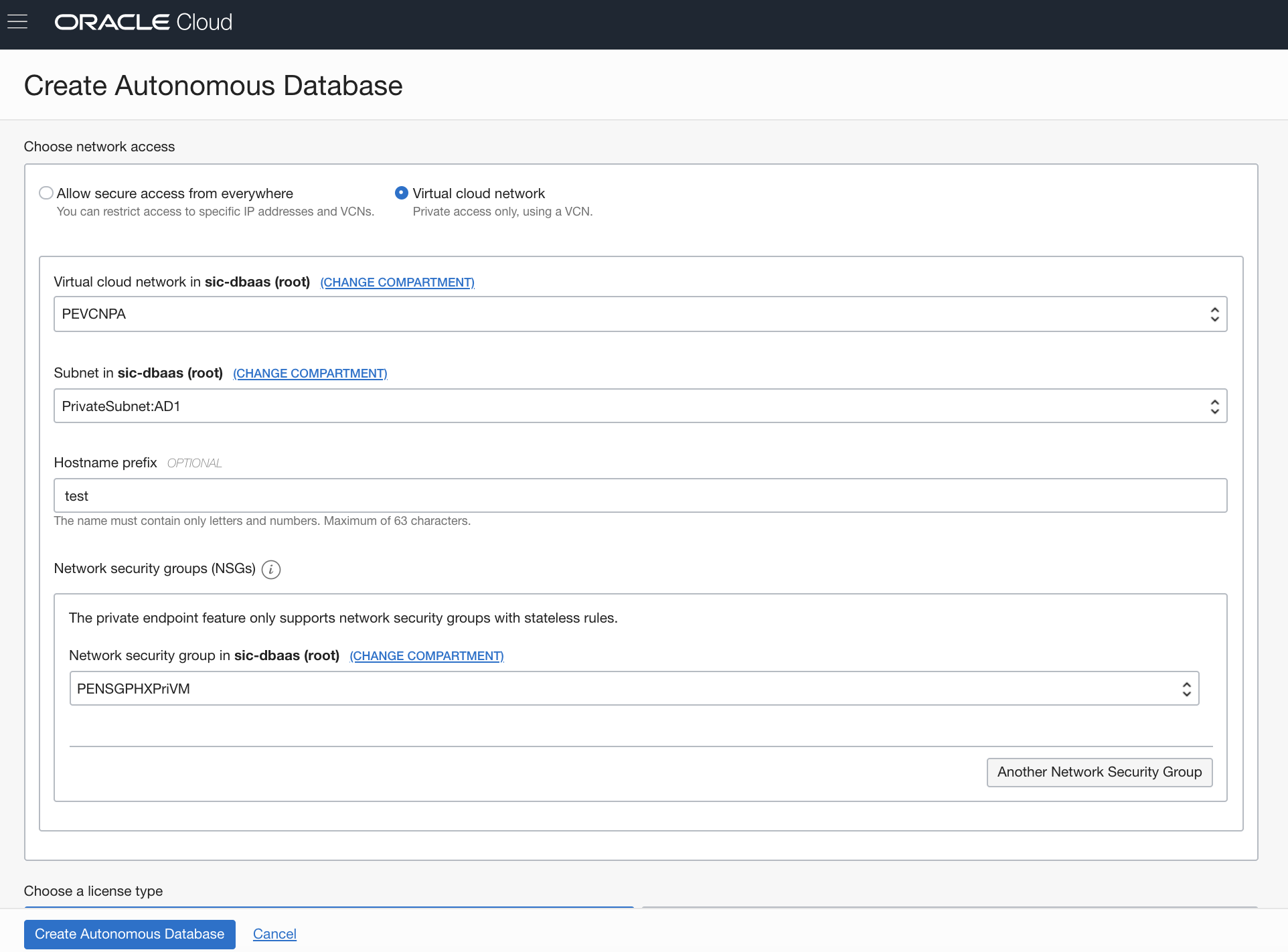 Screenshot that shows the Create Autonomous Database workflow in the Console, with the Virtual cloud network option selected for network access.