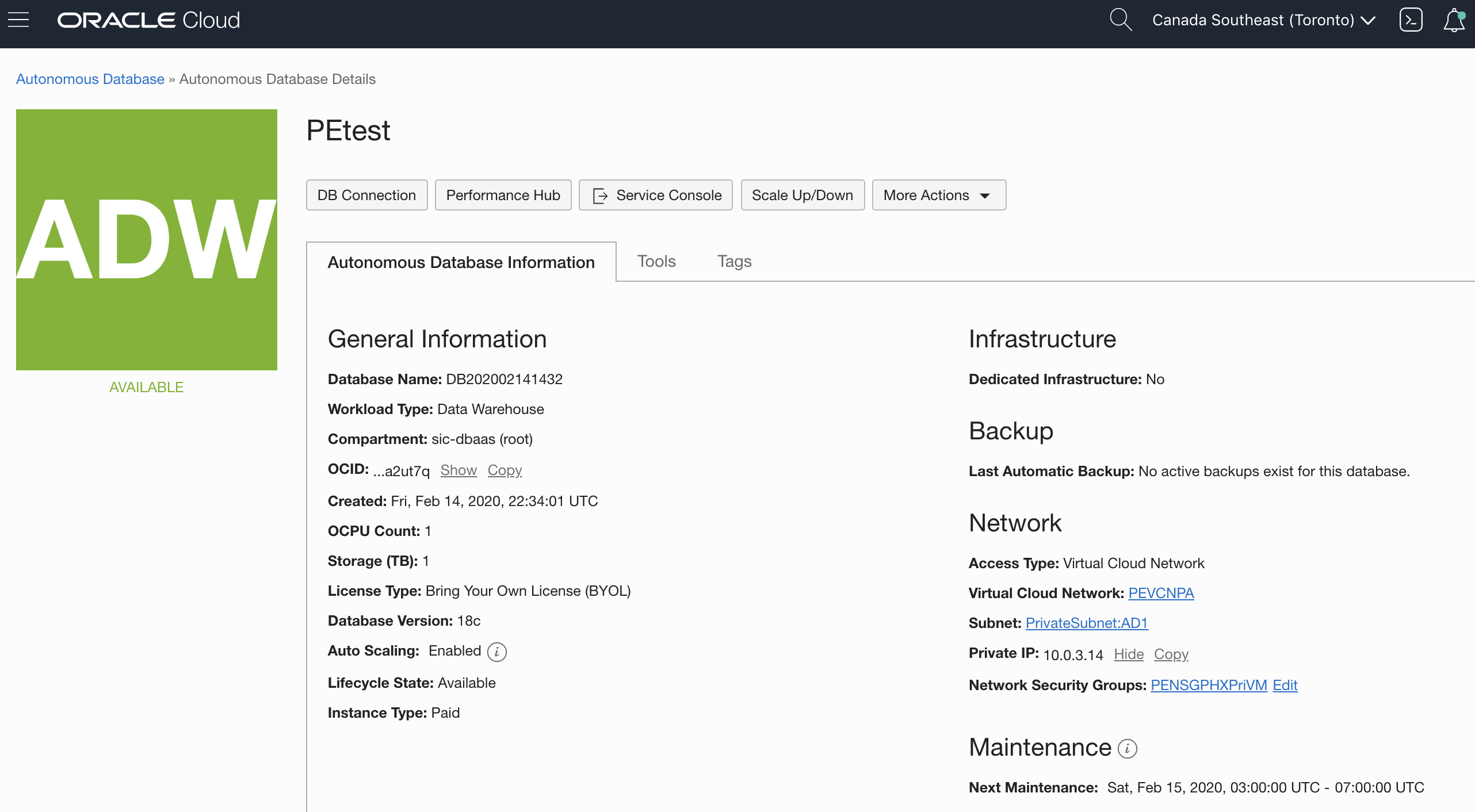 Screenshot of the Autonomous Database Details page in the Console, showing networking details.