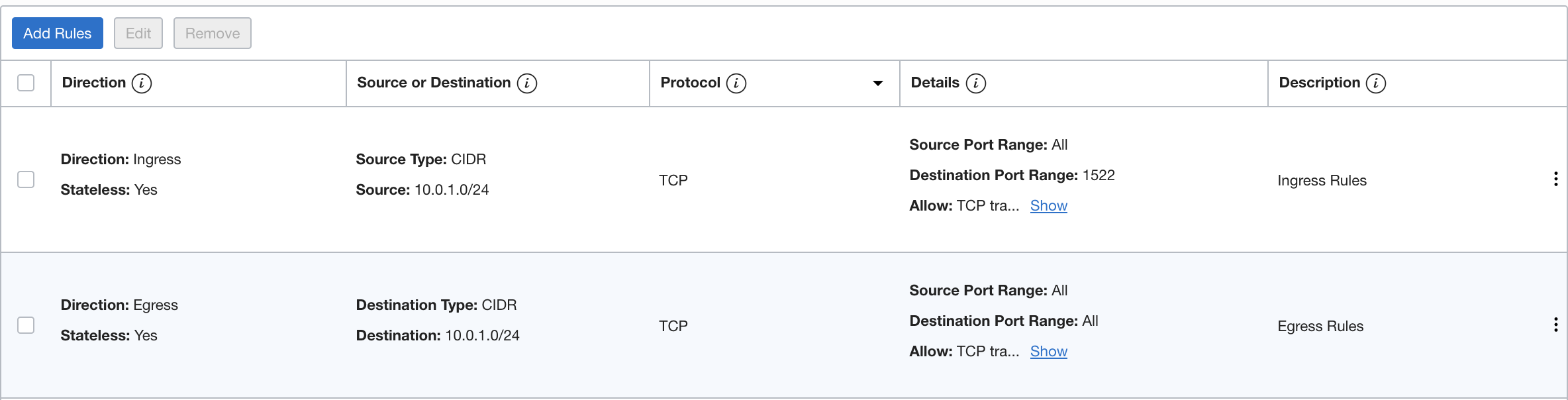 Screenshot that shows security rules that allow ingress traffic from the source 10.0.1.0/24 (the CIDR for subnet B, where the application runs) on the destination port range 1522, and egress traffic from the ADW instance to the destination 10.0.1.0/24.