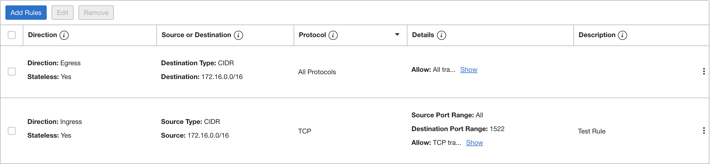 Screenshot that shows two stateless security rules (for database ingress and egress) for the data center CIDR range (172.16.0.0/16). 