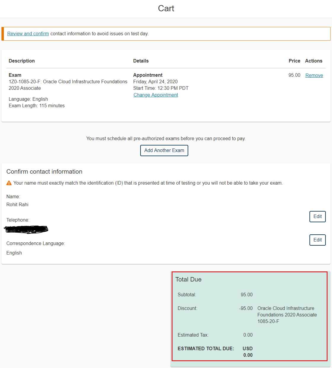 Screenshot that shows the cart with exam details and the discounted price.