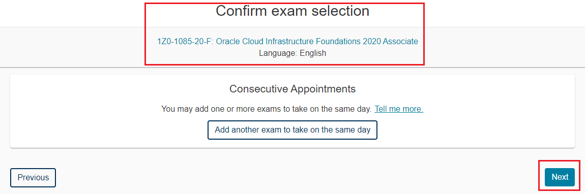 Screenshot that shows the exam confirmation page.