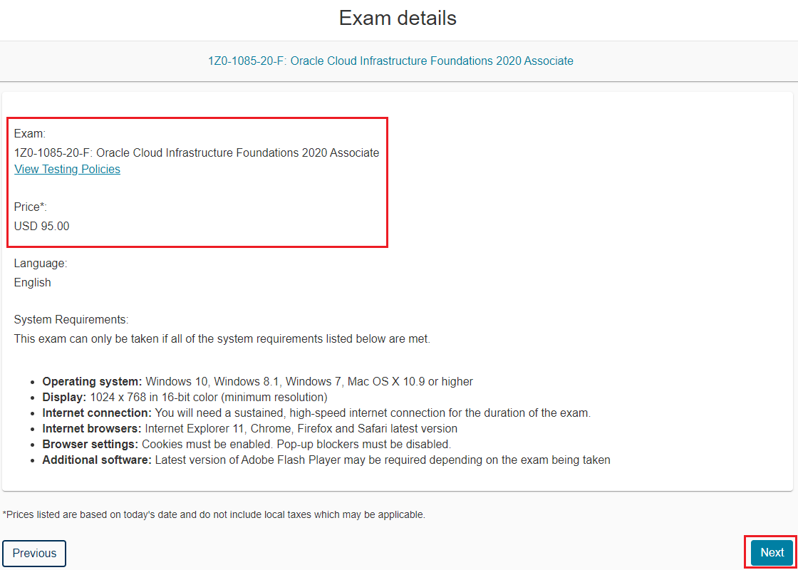 Screenshot that shows the exam details page.