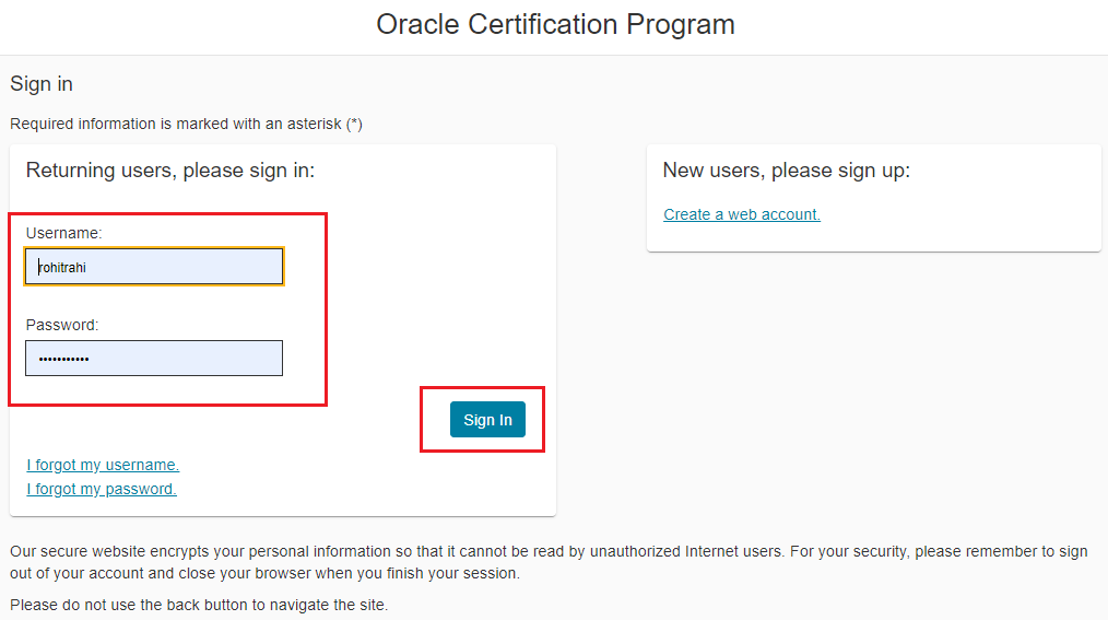 Screenshot that shows the sign in page for the Oracle certification program.