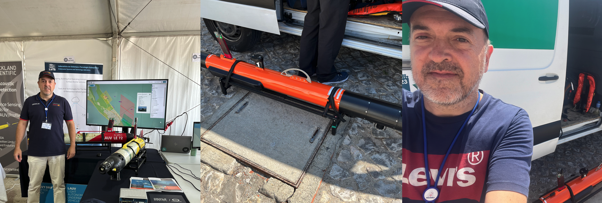Three photos: The first of a man standing next to a computer monitor in a tent with some equipment. The second of data collection equipment. The third of another man in front of an open van door. All are at the NATO REPMUS 2023 exercise.