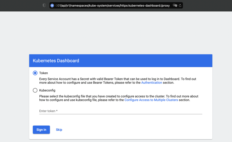 A screenshot of the Kubernetes Dashboard signin page.