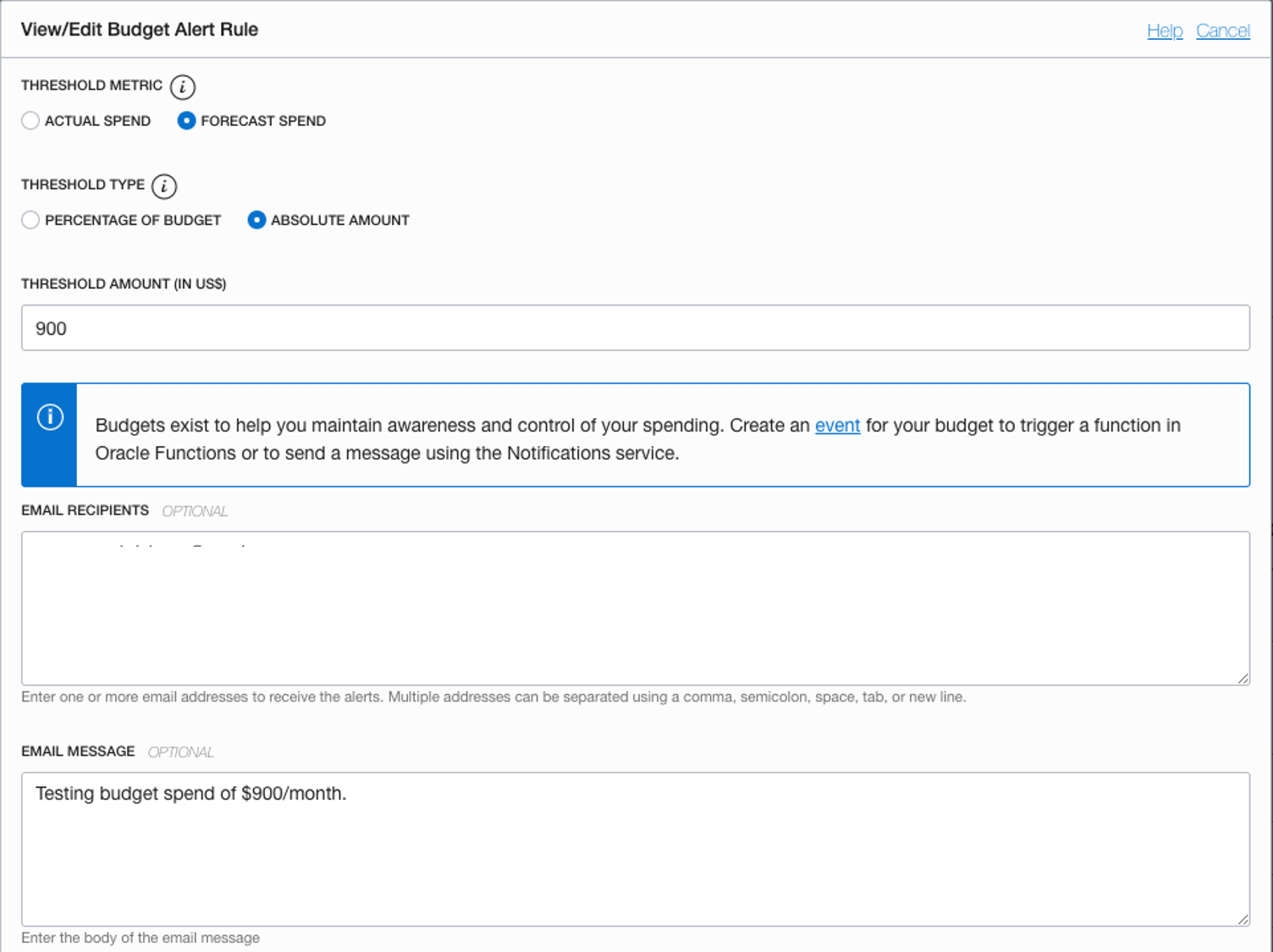 A screenshot of the View/Edit Budget Alert Rule screen.