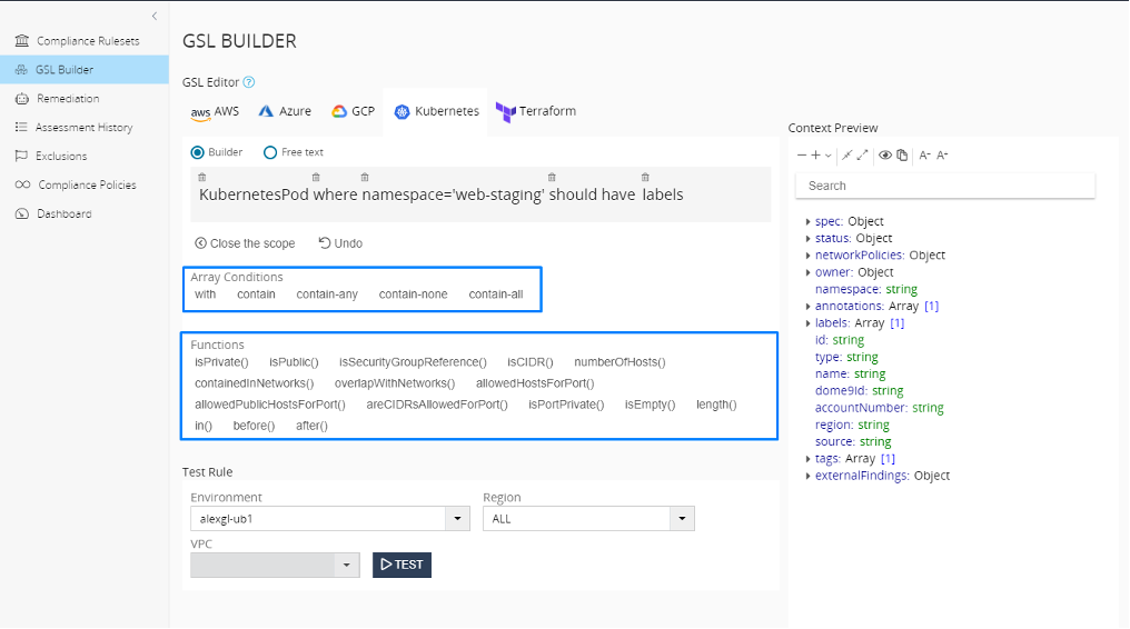 A screenshot of the GSL Builder page in CloudGuard.