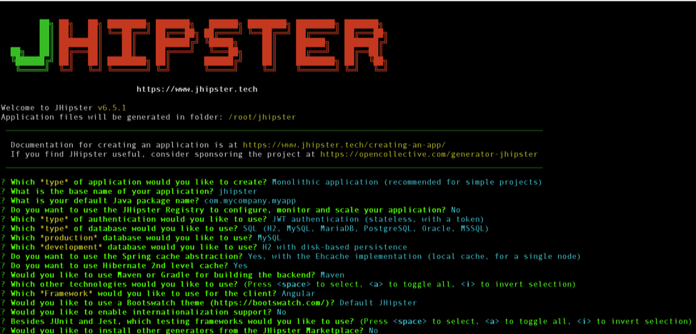 Screenshot of the command line that shows the execution of the previous command and the creation of the JHipster application.