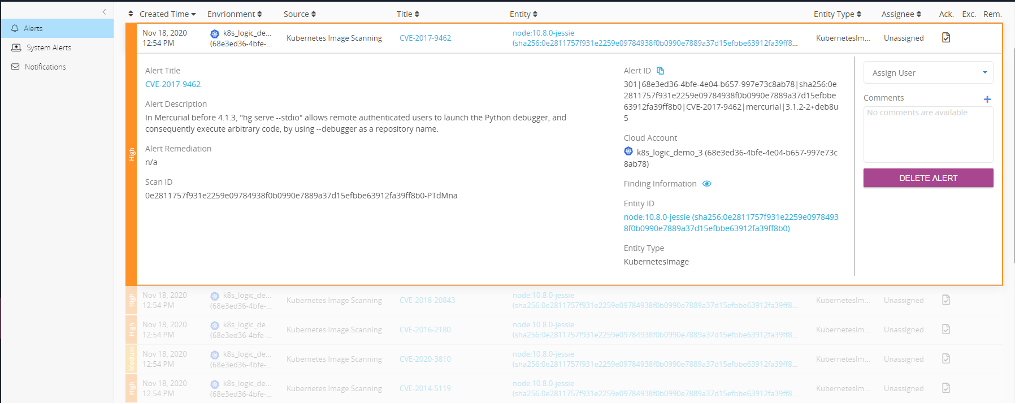 A screenshot of the alerts tab, showing an alert and its description.