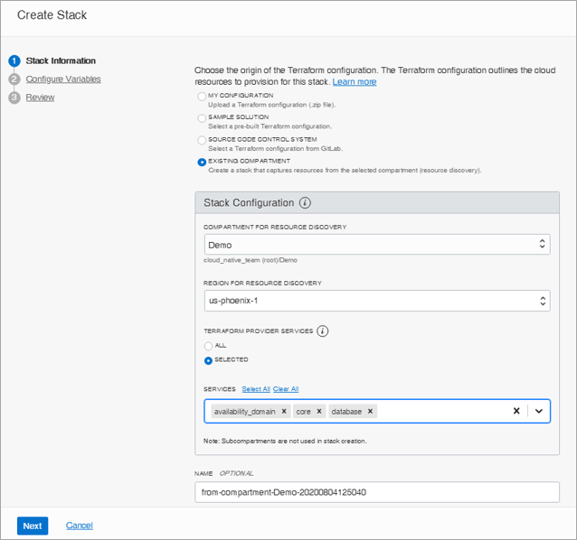 A screenshot that shows the first page of the Create Stack workflow, with Existing Compartment selected and a compartment specified.