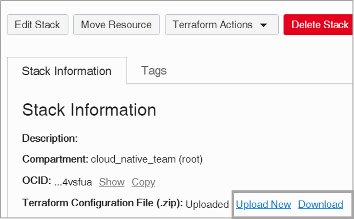 A screenshot that shows the Stack Information details page. The link for downloading the Terraform Configuration zip file is highlighted. 