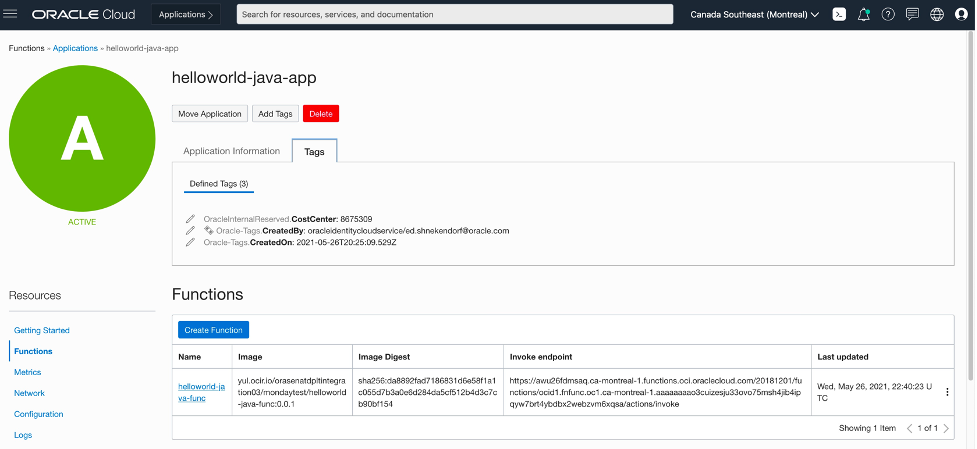 A screenshot of the Applications details page of the example helloworld-java-app.