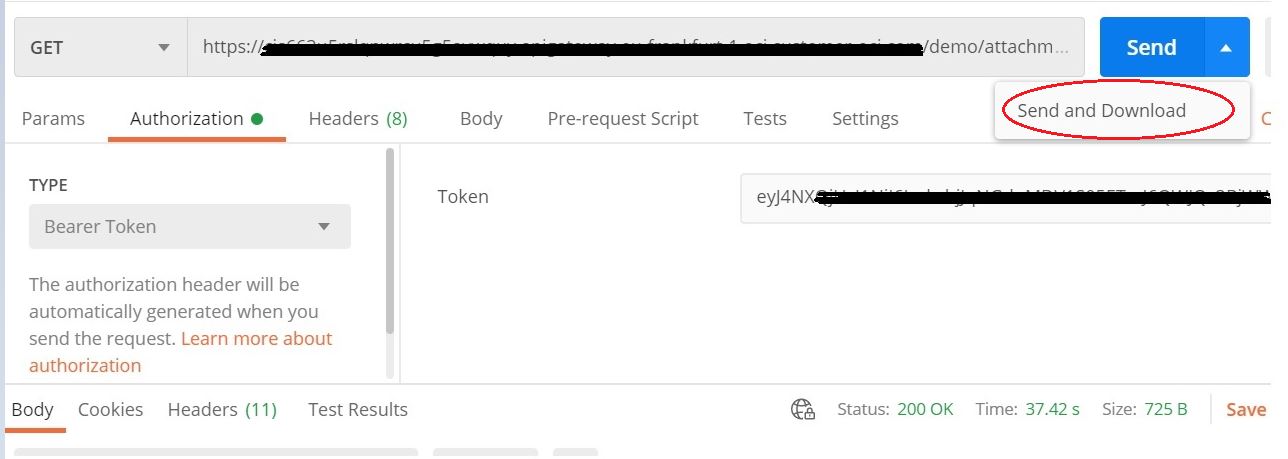 A screenshot of Postman, with the Send and Download button circled in red.