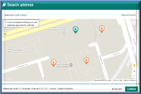 Screenshot that shows the Search address section on the Colt portal.