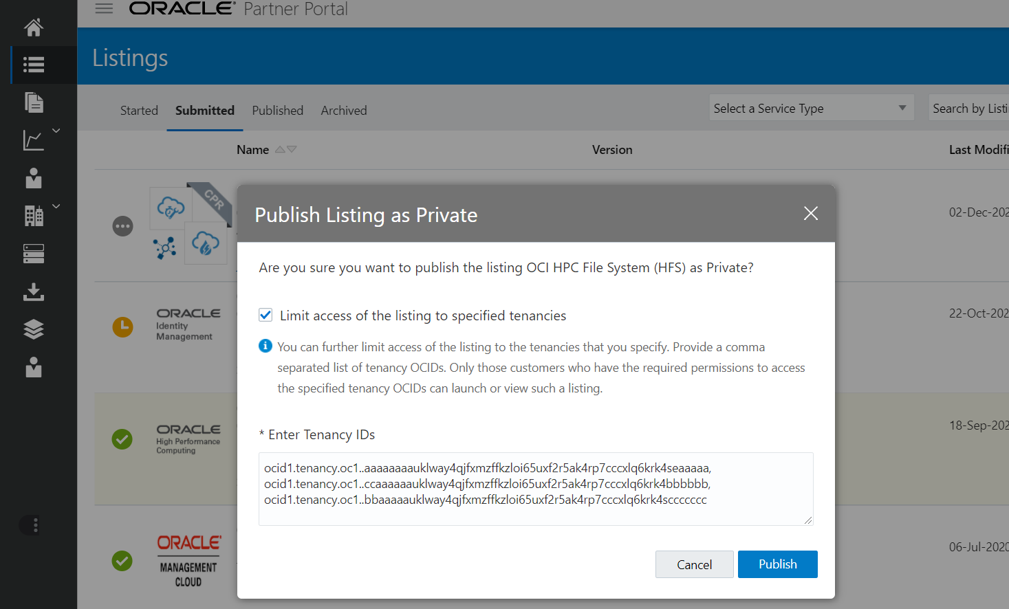 A screenshot of the Publish Listing as Private window on the Listings page of the Partner Portal.