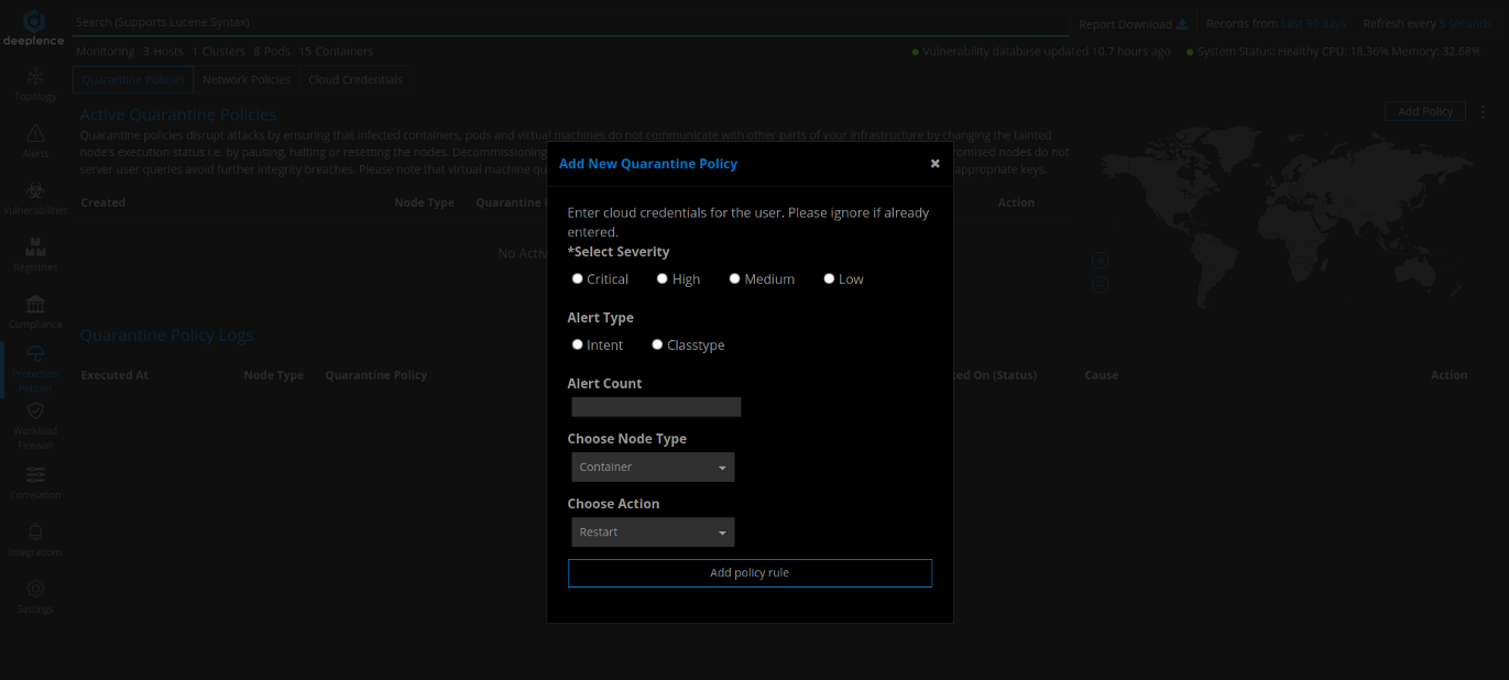 A screenshot of the Add New Quarantine Policy screen.