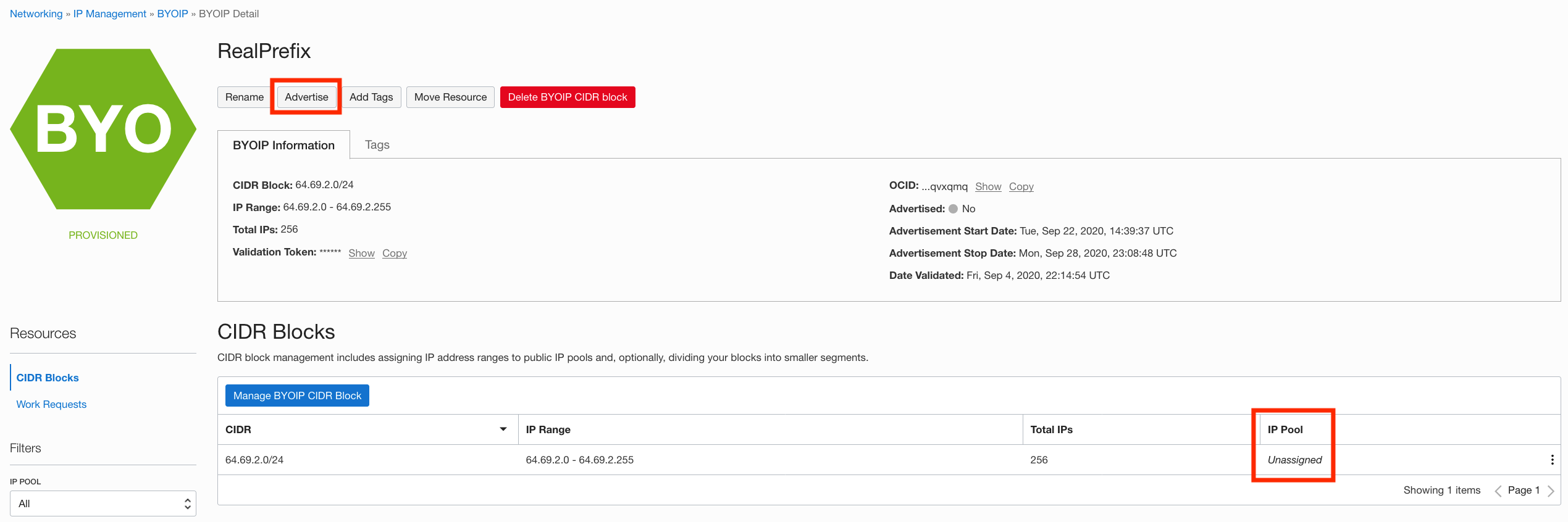 A screenshot of the BYOIP Details screen with the Advertise option and IP Pool outlined in red.