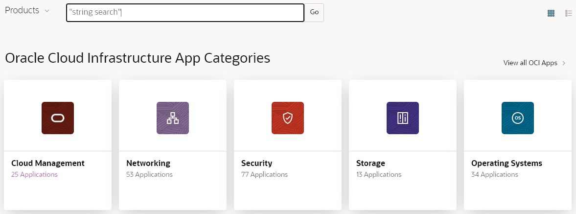 A screenshot of the OCI App Categories in Oracle Cloud Marketplace.