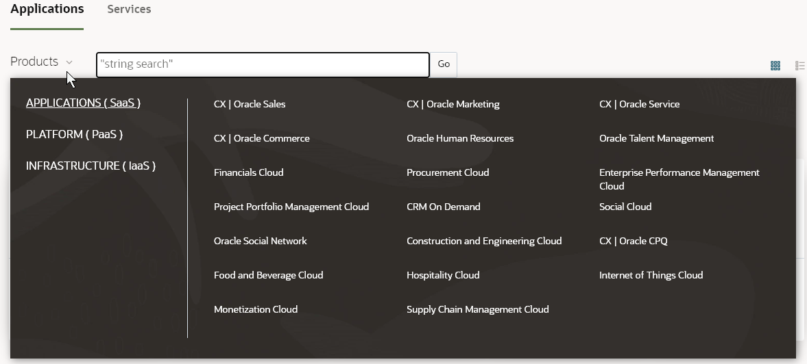 A screenshot of the string search feature with the menu for Products open.