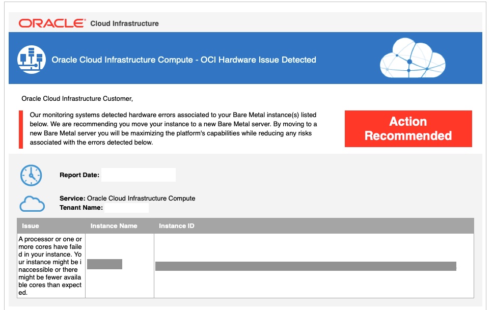 A screenshot of the OCI Hardware Issue Detected report screen.