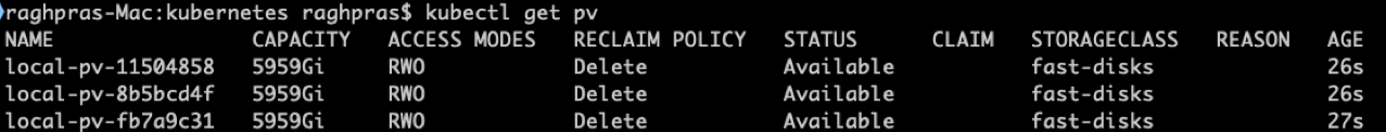 Screenshot of the command line that shows the result of running the kubectl get pv command.