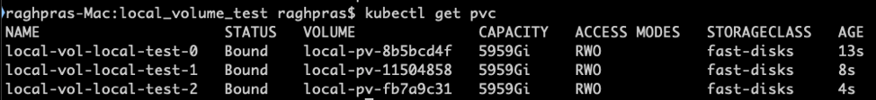 Screenshot of the command line that shows the PVCs with a Bound status.