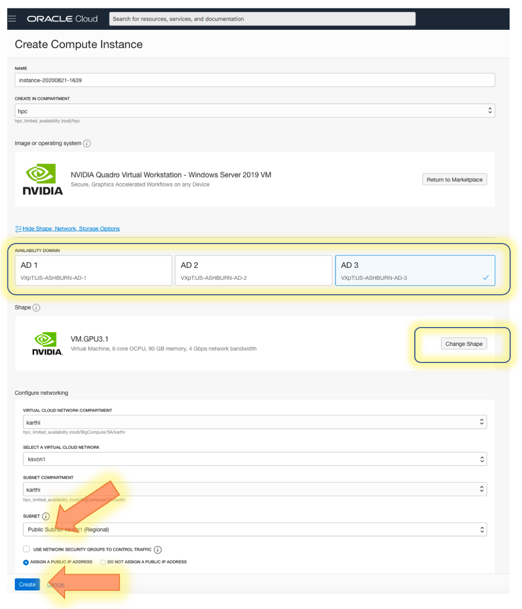 A screenshot that shows the Create Compute Instance screen.