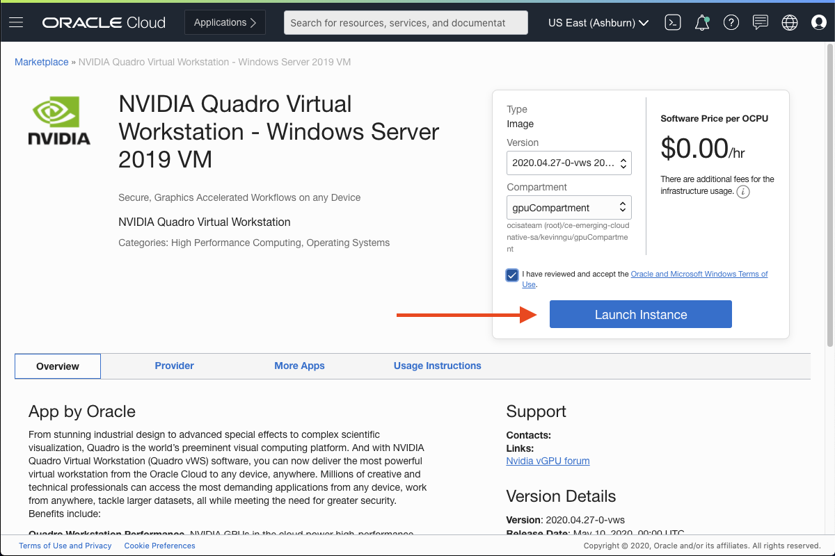 A screenshot that shows the Oracle Cloud Marketplace page for the Quadro vWS image.