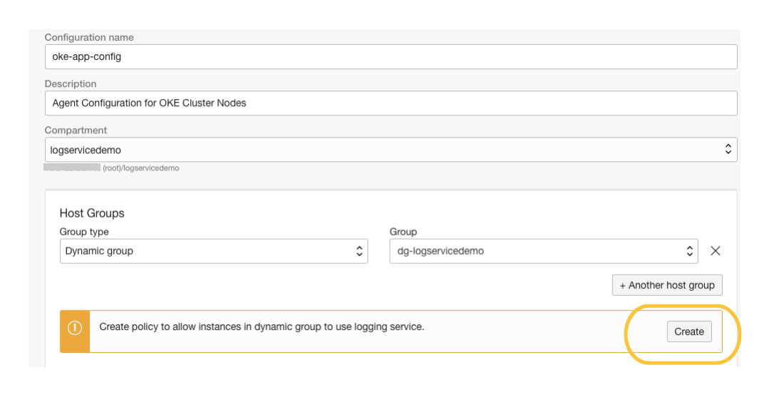 A screenshot of the configuration page with the caution window in yellow at the bottom with the Create button outlined in yellow.