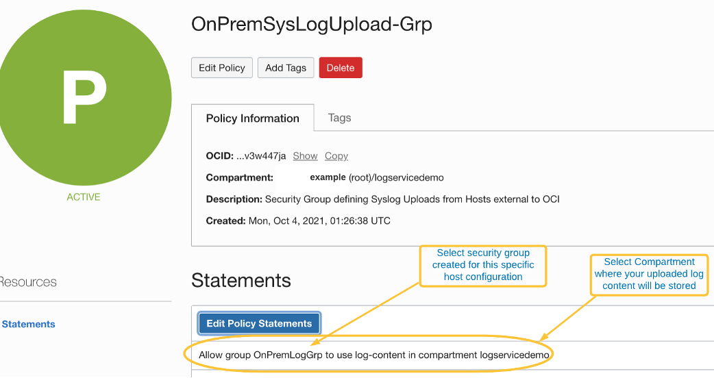 A screenshot of the example group with the Edit Policy Statements button highlighted and the statement circles in yellow.
