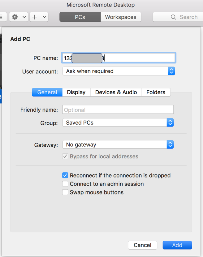 A screenshot that shows the Add PC dialog box in Microsoft Remote Desktop.