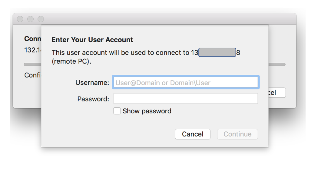 A screenshot that shows the credentials dialog box for accessing the VM remotely.