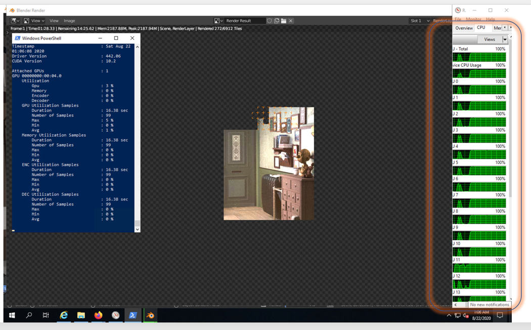 A screenshot that shows a rendered image with CPU information displayed.