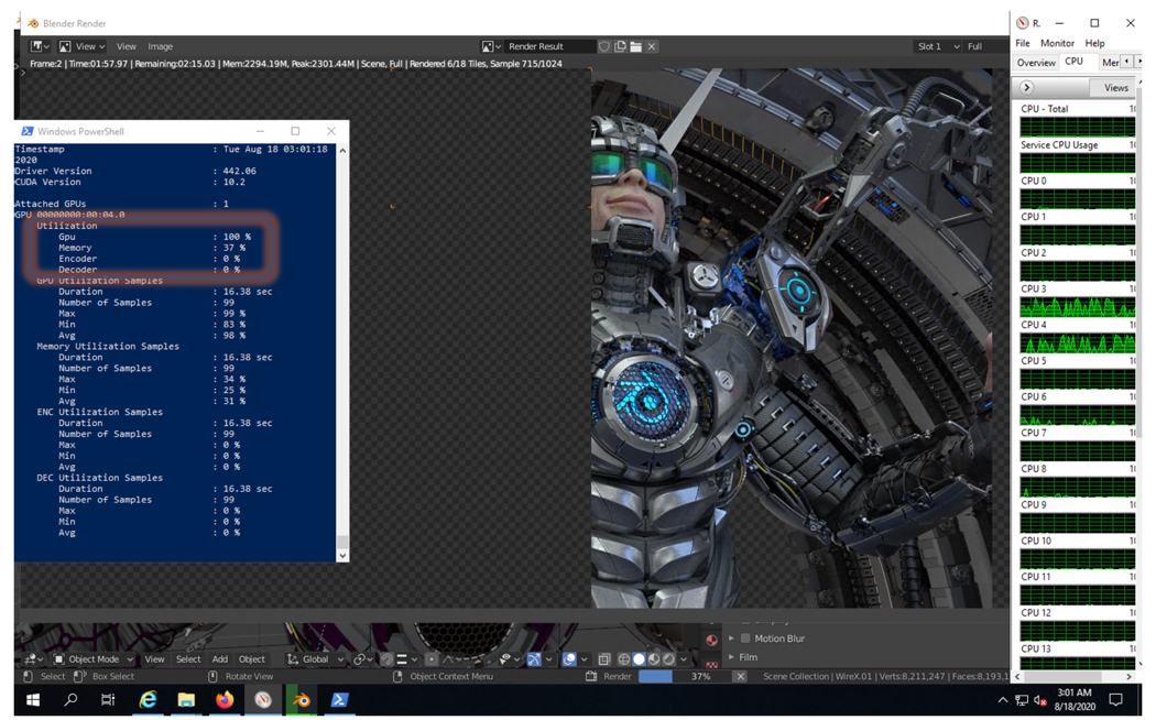 A screenshot that shows a rendered image with a PowerShell window open over it, displaying attached GPU information.