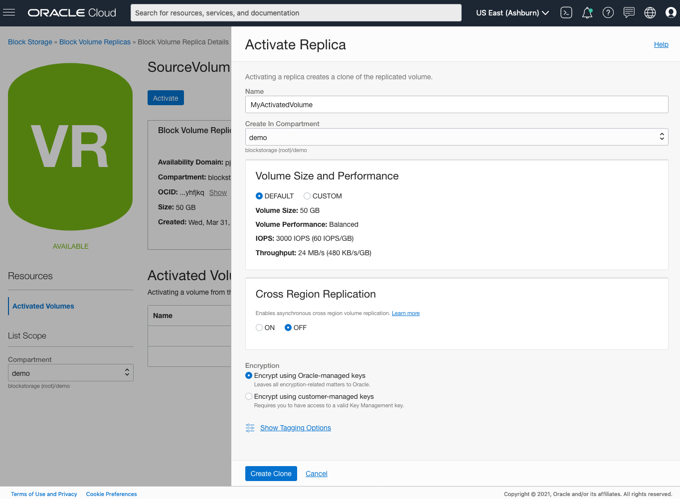 A screenshot of the Activate Replica window in the Block Volume Replica Details page.