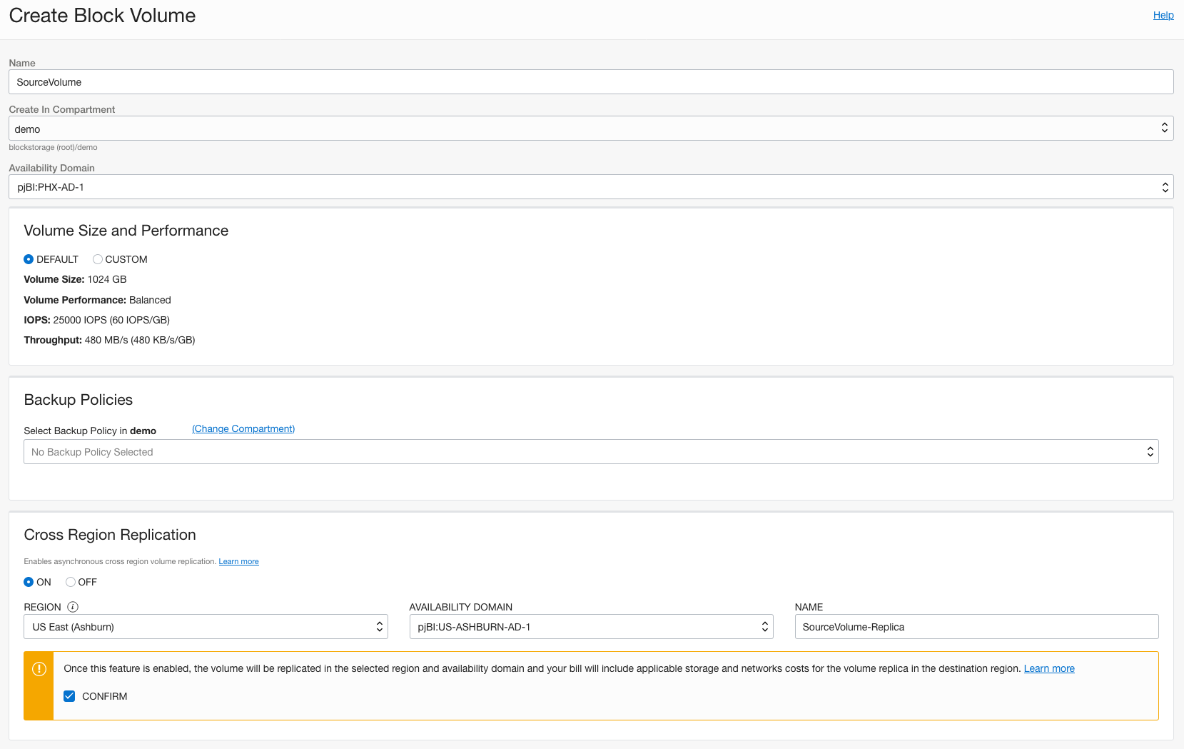 A screenshot of the Create Block Volume screen.