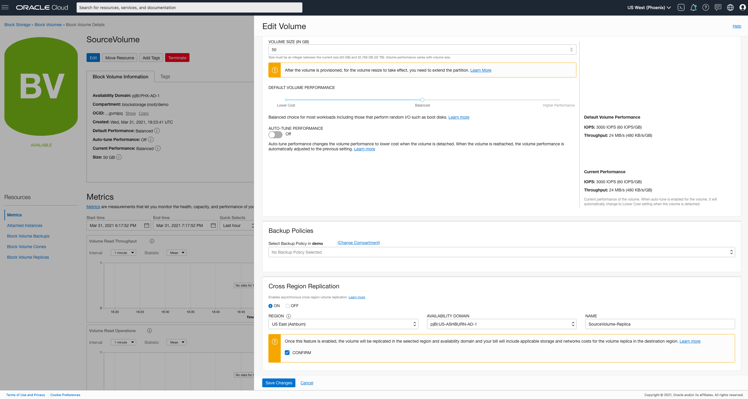 A screenshot of the Edit Volume window in the Block Volume Details screen in the Console.