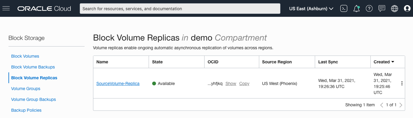 A screenshot of the Block Volume Replicas in demo Compartment screen.