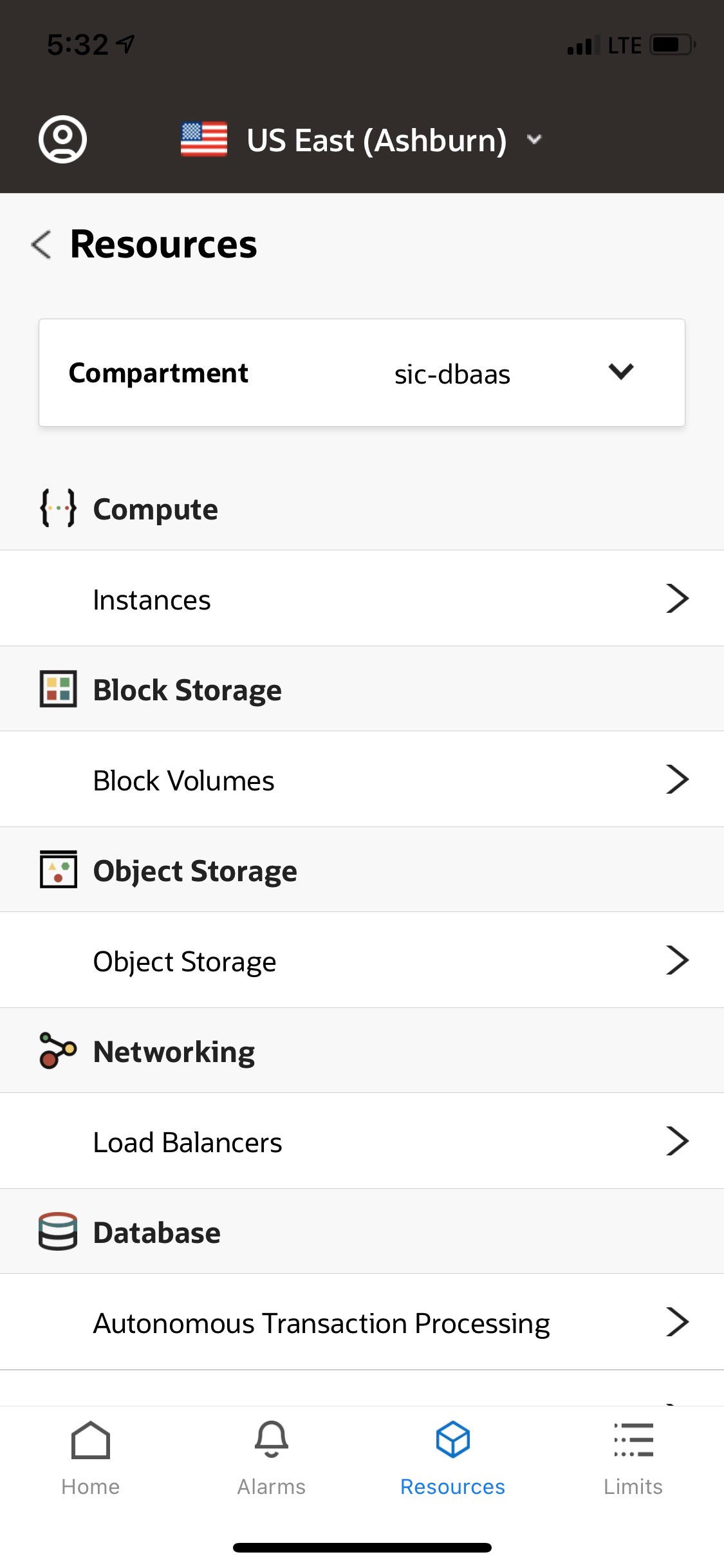 A screenshot of the Resources page in the Oracle Cloud Infrastructure app.