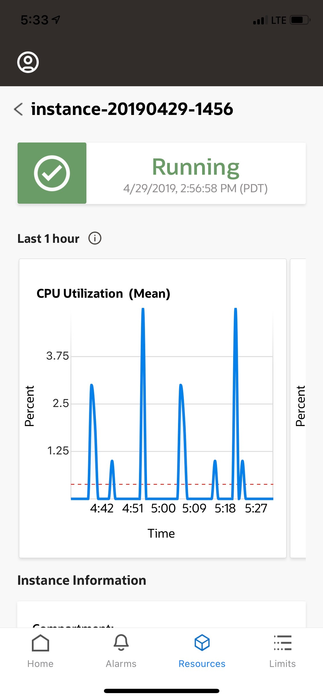 A screenshot of a running instance in the Oracle Cloud Infrastructure app.