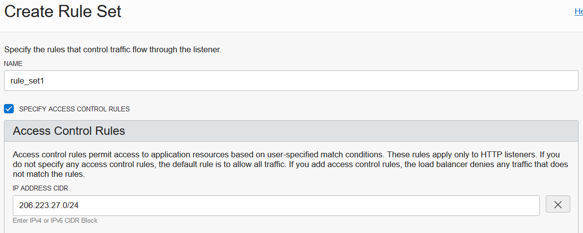 A screenshot of the Create Rule Set page, showing the Access Control Rules window.